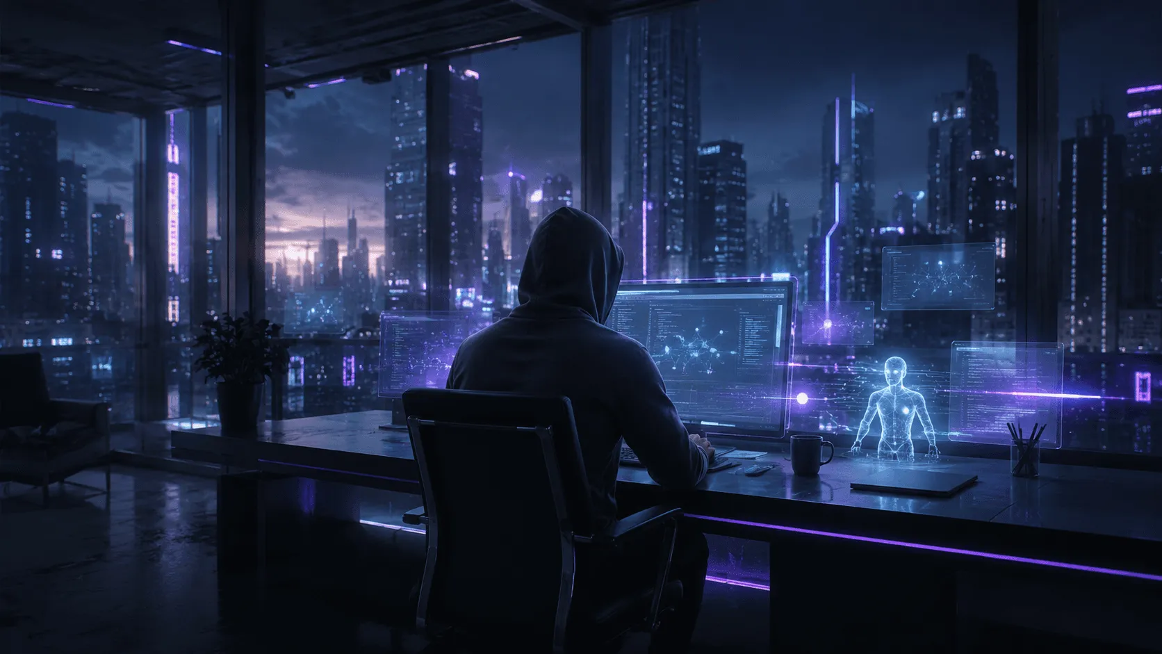 A hooded figure working at a desk of holographic screens above a neon-lit city at night