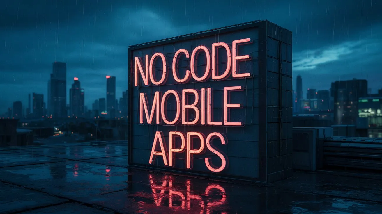 A rooftop neon billboard in the rain reading NO CODE MOBILE APPS