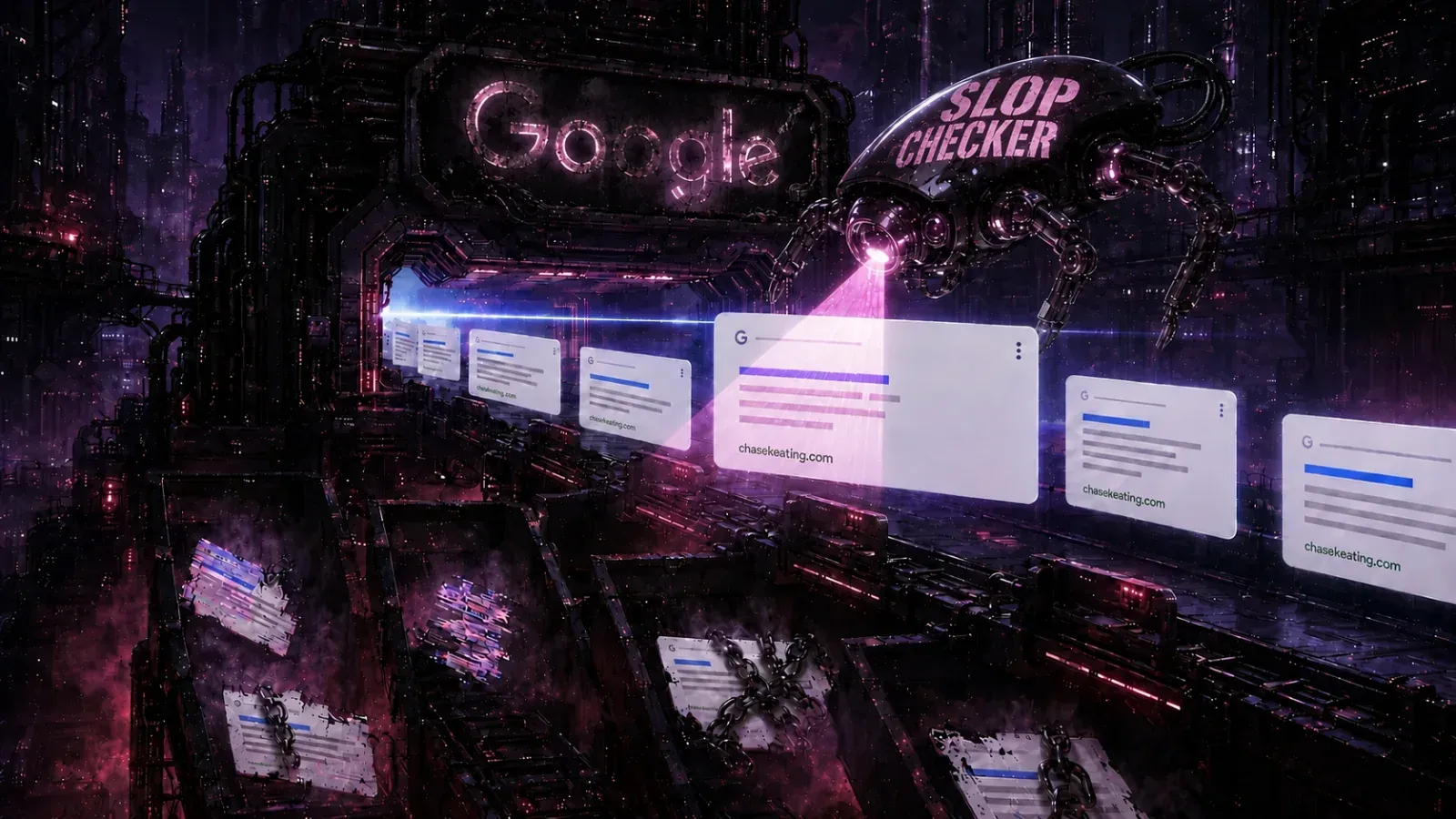 A flying robot marked “Slop Checker” scans chasekeating.com search results beneath a broken neon Google sign while spammy pages are diverted below.
