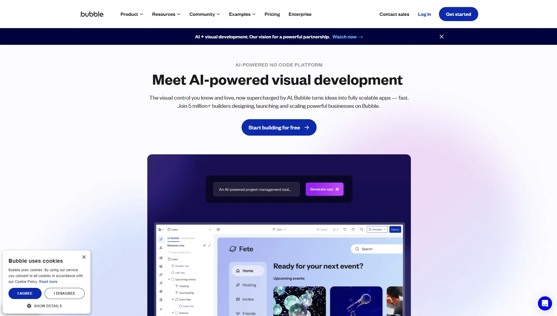The Bubble homepage headline reading “Meet AI-powered visual development”