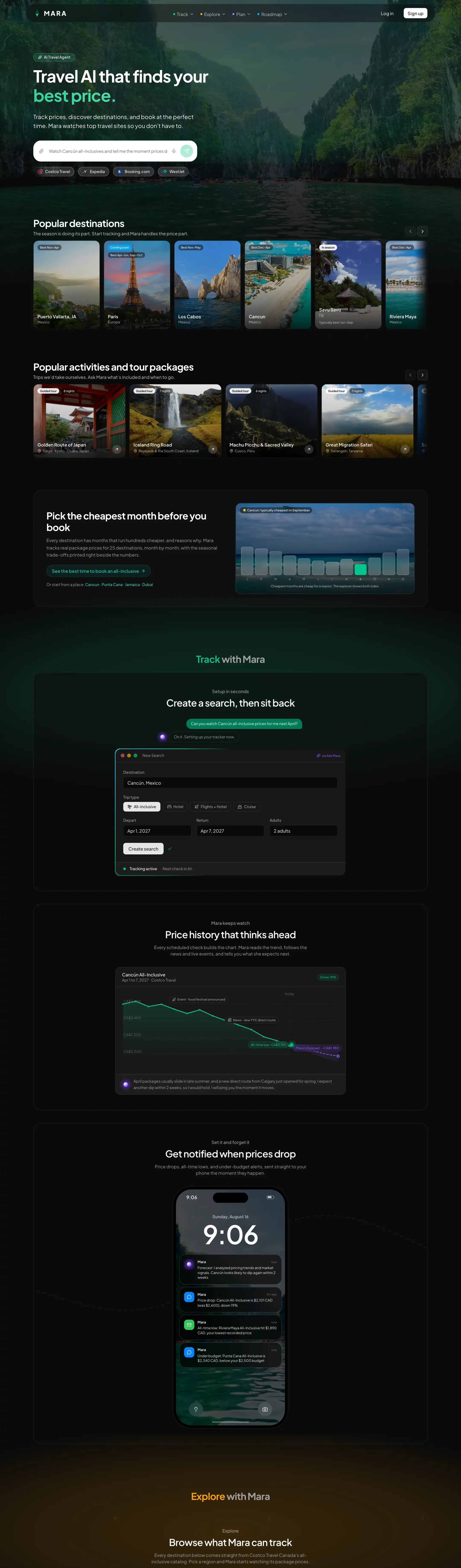 The full Mara homepage, resting at the top: the headline “Travel AI that finds your best price” in emerald over a green lagoon, above an Ask Mara input holding “Watch Cancún all-inclusives and tell me the moment prices drop”, a row of the travel sites it watches — Costco Travel, Expedia, Booking.com, WestJet — and the Popular destinations, activities and price-history sections below it.