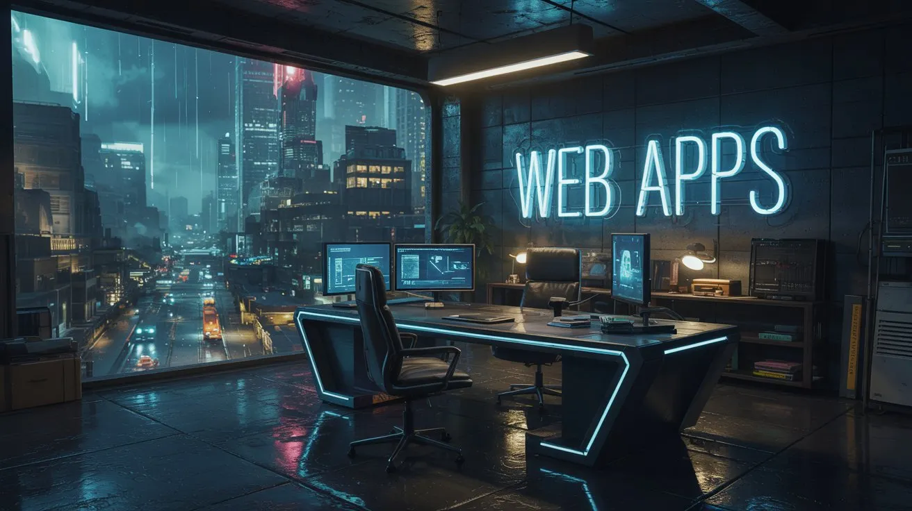 A dark futuristic office with a neon sign reading WEB APPS